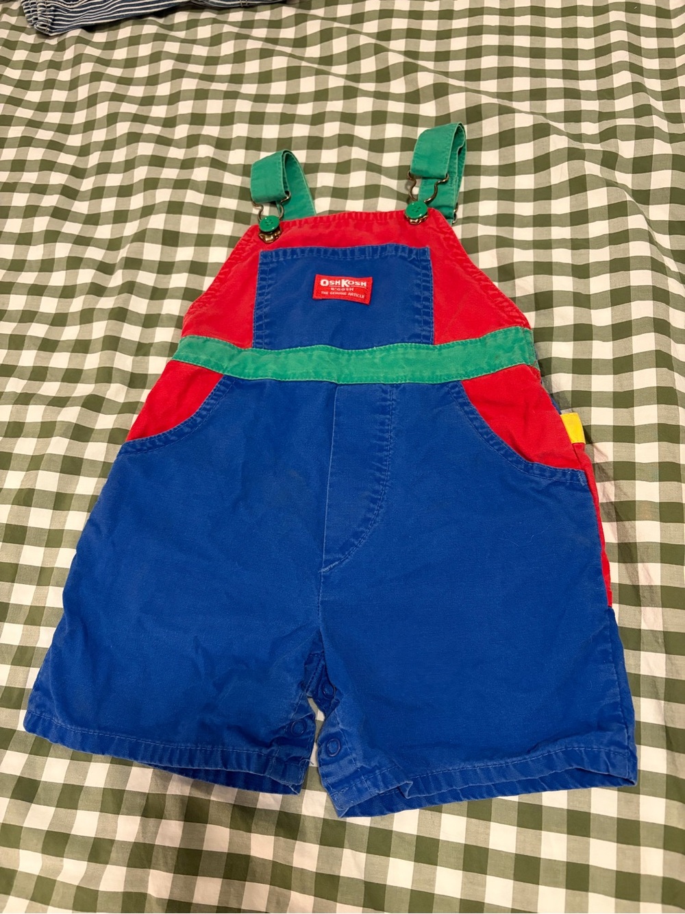 Vintage OshKosh B'gosh Bright Blue Short Overalls with Red & Green Accents